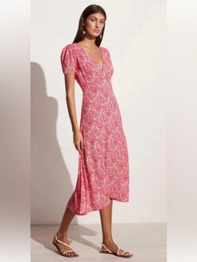 Faithfull the Brand “Raphaela” Pink Floral V-Neck Midi Dress